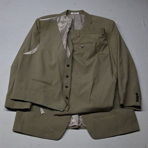 Calvin Klein 46R 42x29 Khaki Stripe‎ 3 Peice Mens Vest Jacket Pants Suit